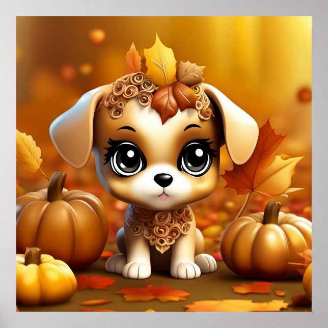 Poster Chiot Citrouille d'automne (Devant)