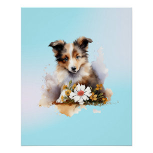 Poster Chiot de berger des Shetland Animalier Aquarelle F