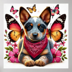 Poster Chiot Heeler entouré de papillons et de fleurs