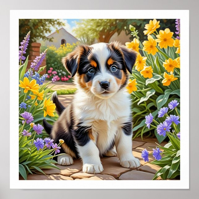 Poster Chiot Mignon avec des Fleurs (Devant)