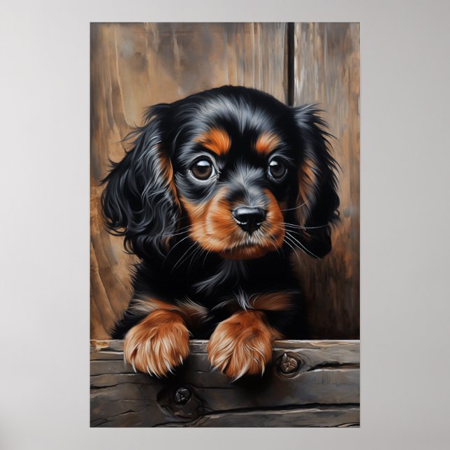 Poster Chiot noir et tan Cavalier (Devant)