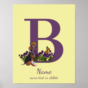 Poster Chiots Beagle Papillons Monogramme Initiale B Nom 