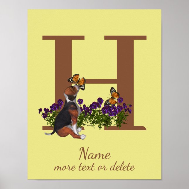 Poster Chiots Beagle Papillons Monogramme Initiale H Nom  (Devant)