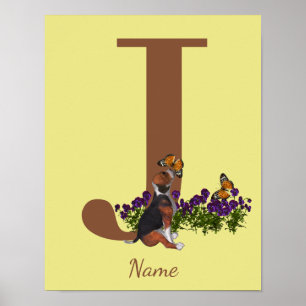 Poster Chiots Beagle Papillons Monogramme Initiale J Nom