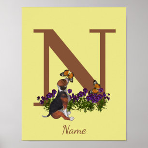 Poster Chiots Beagle Papillons Monogramme Initiale N Nom