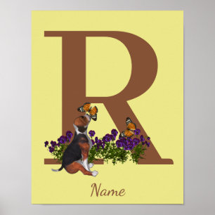 Poster Chiots Beagle Papillons Monogramme Initiale R Nom
