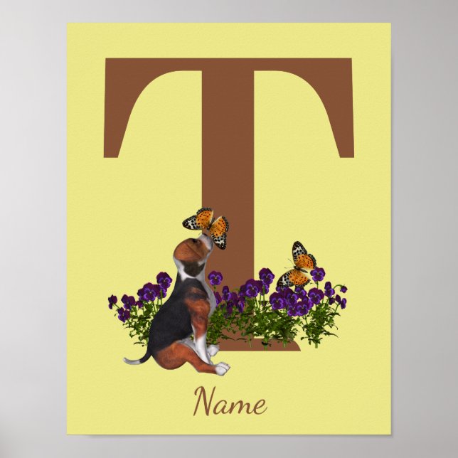 Poster Chiots Beagle Papillons Monogramme Initiale T Nom  (Devant)
