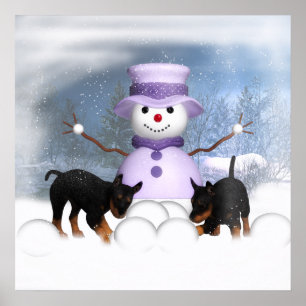 Poster Chiots de rottweiler jouant dans la neige