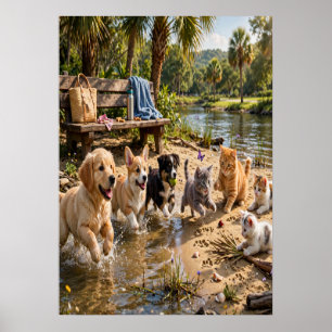 Poster Chiots et chatons mignons Mur bord de rivière 