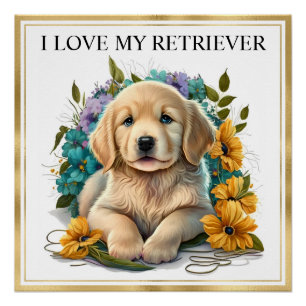 Poster Chiots Golden Retriever à l'aquarelle avec cadre d