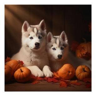 Poster Chiots Husky Sibérien Délice d'Automne Citrouille