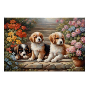 Poster Chiots mignons dans un jardin fleuri