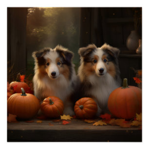 Poster Chiots Rough Collie Délice d'Automne Citrouille
