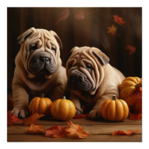 Poster Chiots Shar Pei Automne Délice Citrouille
