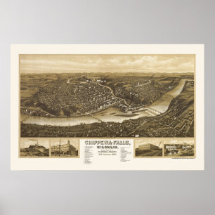 Poster Chippewa Falls, carte panoramique de WI - 1907