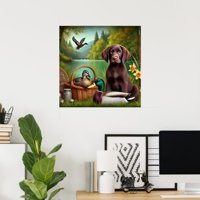 Poster Chocolat Labrador Chiot près d'un lac avec des can (Bureau à domicile)
