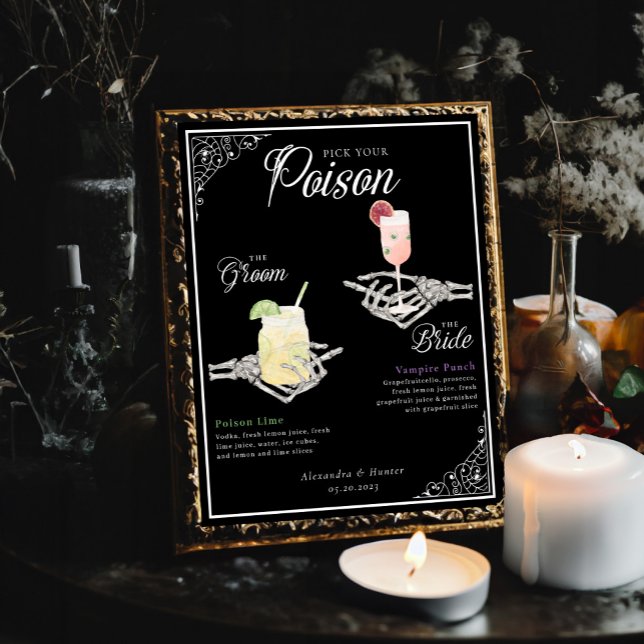 Poster Choisissez votre poison Skeleton Bride & Groom Coc (Pick Your Poison Skeleton Bride & Groom Cocktails Poste)