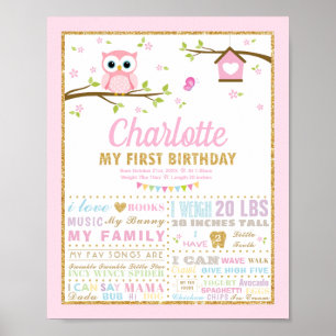 Poster Chouette 1er Anniversaire rose Milestone Statistiq