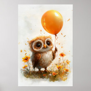 Poster Chouette adorable avec ballon orange - Autum capri