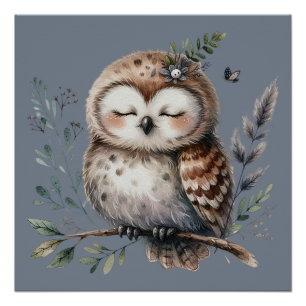 Poster Chouette aquarelle mignonne de style floral boisé