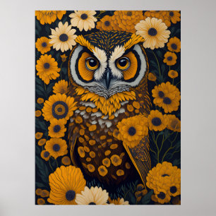 Poster Chouette avec de grands yeux devant les fleurs #2