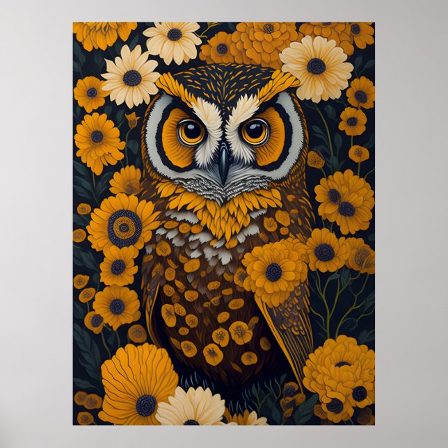 Poster Chouette avec de grands yeux devant les fleurs #2 (Devant)