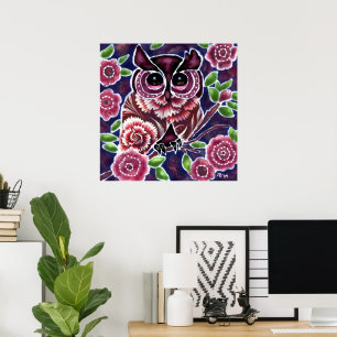 Poster Chouette blanche sur la branche de floraison Bleu 