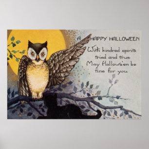 Poster Chouette Chat Noir Pleine Lune Arbre Nuit