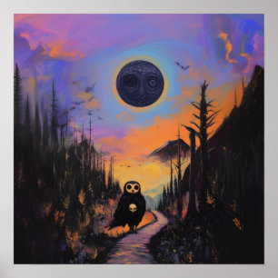 Poster Chouette crâne noir lune cuisine AI Art Matte Vale
