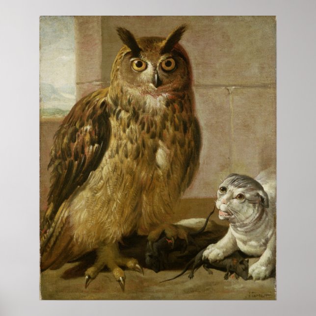 Poster Chouette d'aigle et chat avec rats morts (Devant)