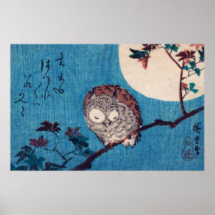 Poster Chouette de la Branche de l'érable sous Pleine lun
