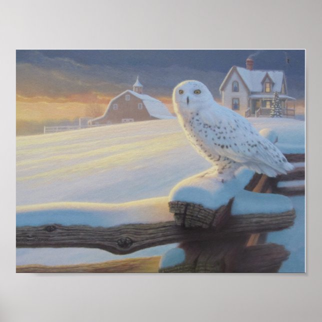 Poster Chouette des neiges sur une clôture (Devant)