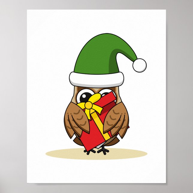 Poster Chouette elfe de Noël avec présent (Devant)