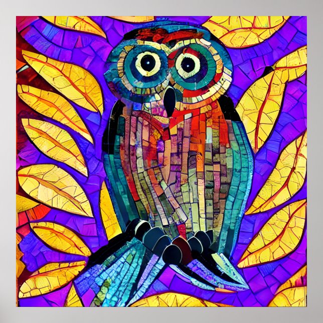 Poster Chouette en mosaïque blanche colorée (Devant)