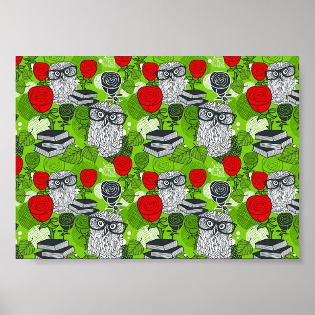 Poster Chouette en roses rouges (Devant)