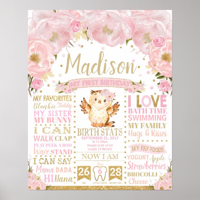 Poster Chouette florale rose 1er anniversaire Jalon Stati (Devant)