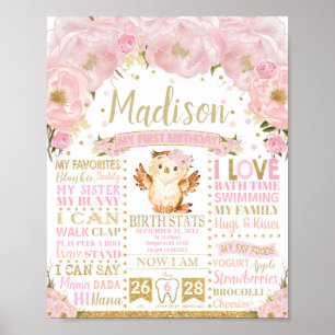 Poster Chouette florale rose 1er anniversaire Jalon Stati