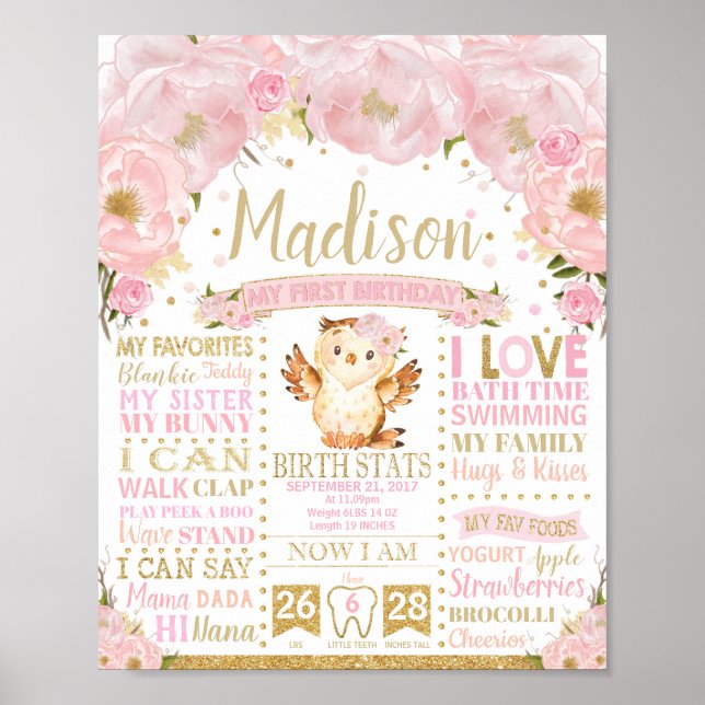Poster Chouette florale rose 1er anniversaire Jalon Stati (Devant)