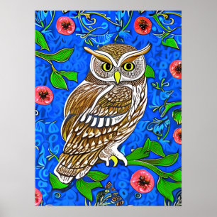 Poster Chouette inspirée de l'Art Nouveau, Brown sur Bleu