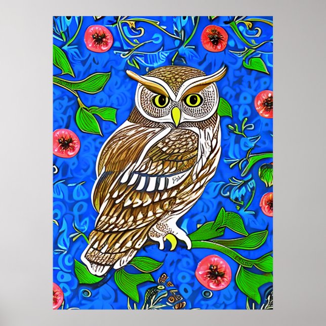 Poster Chouette inspirée de l'Art Nouveau, Brown sur Bleu (Devant)