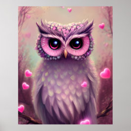 Poster Chouette Kawaii Imaginaire rose