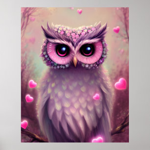 Poster Chouette Kawaii Imaginaire rose