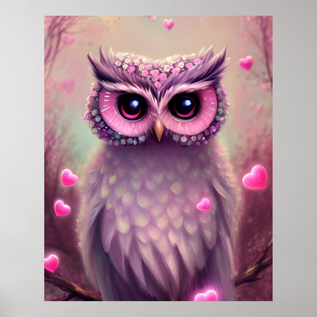 Poster Chouette Kawaii Imaginaire rose (Devant)