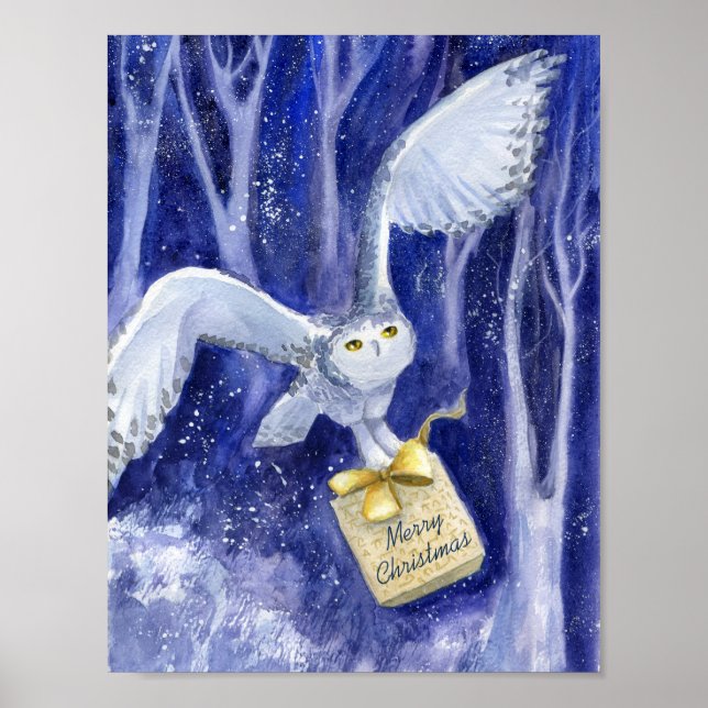 Poster Chouette lunaire couleur bleu violet de Noël (Devant)
