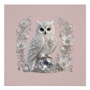 Poster Chouette Perle de Cristal Blanc