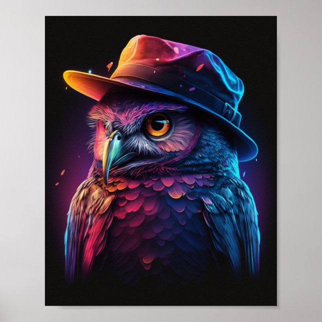 Poster Chouette Portant Un Chouette Casquette, Colorée Et (Devant)