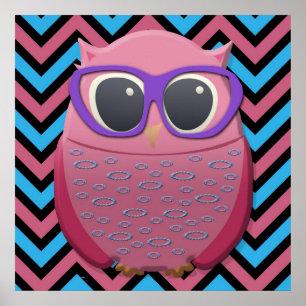 Poster Chouette Rose Mignonne avec des Lunettes sur une A