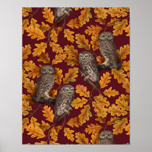 Poster Chouettes d'automne sur rouge foncé