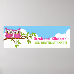 Poster Chouettes jumelles mignonnes sur la branche Filles