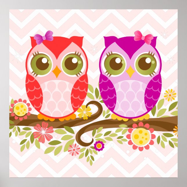 Poster Chouettes mignonnes - Filles roses et violettes -  (Devant)